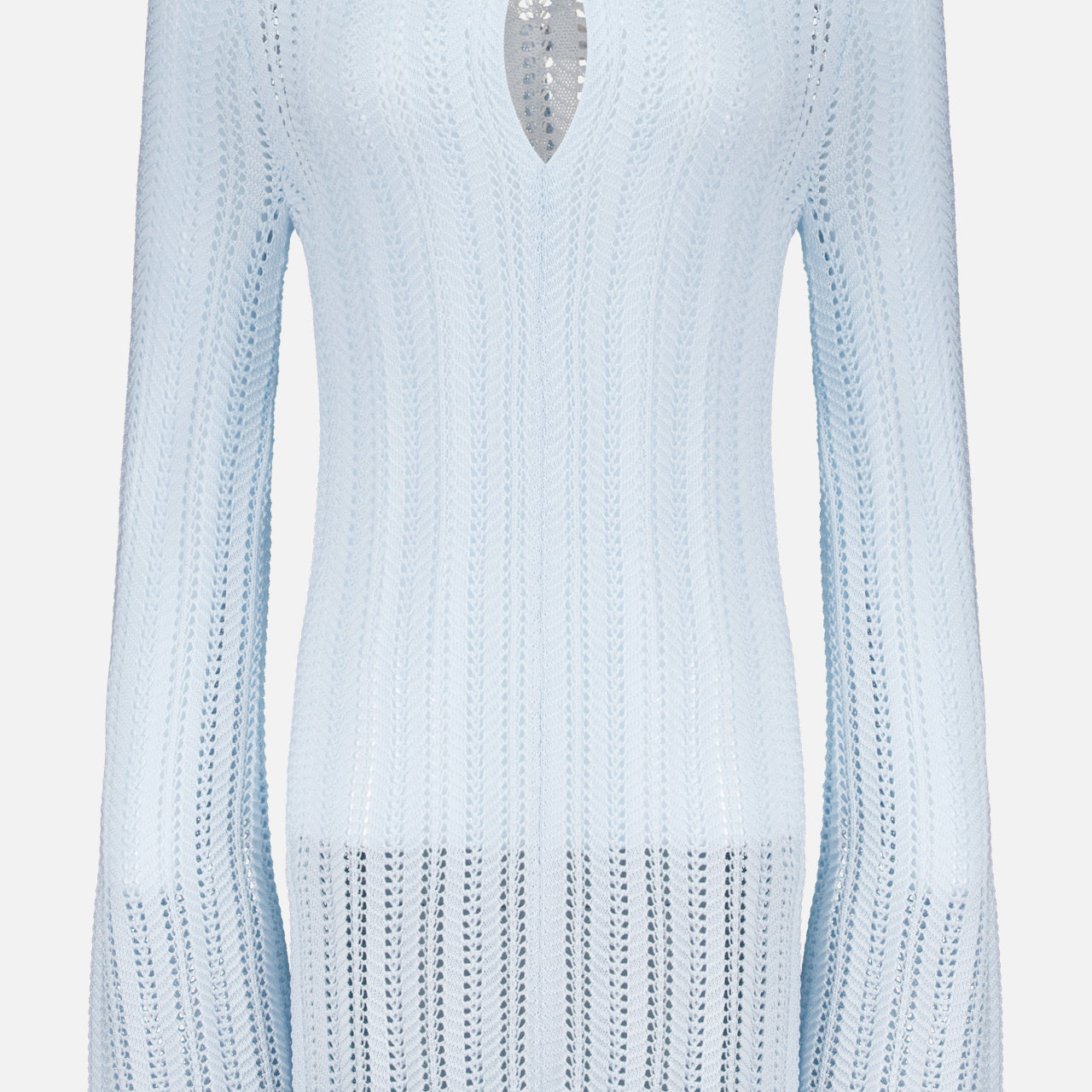 The Lion Sheer Stone Mini Dress by BAOBAB features a light blue, semi-sheer knit with a keyhole neckline, vertical openwork pattern, long sleeves, and relaxed fit—ideal for effortless beachside occasions.
