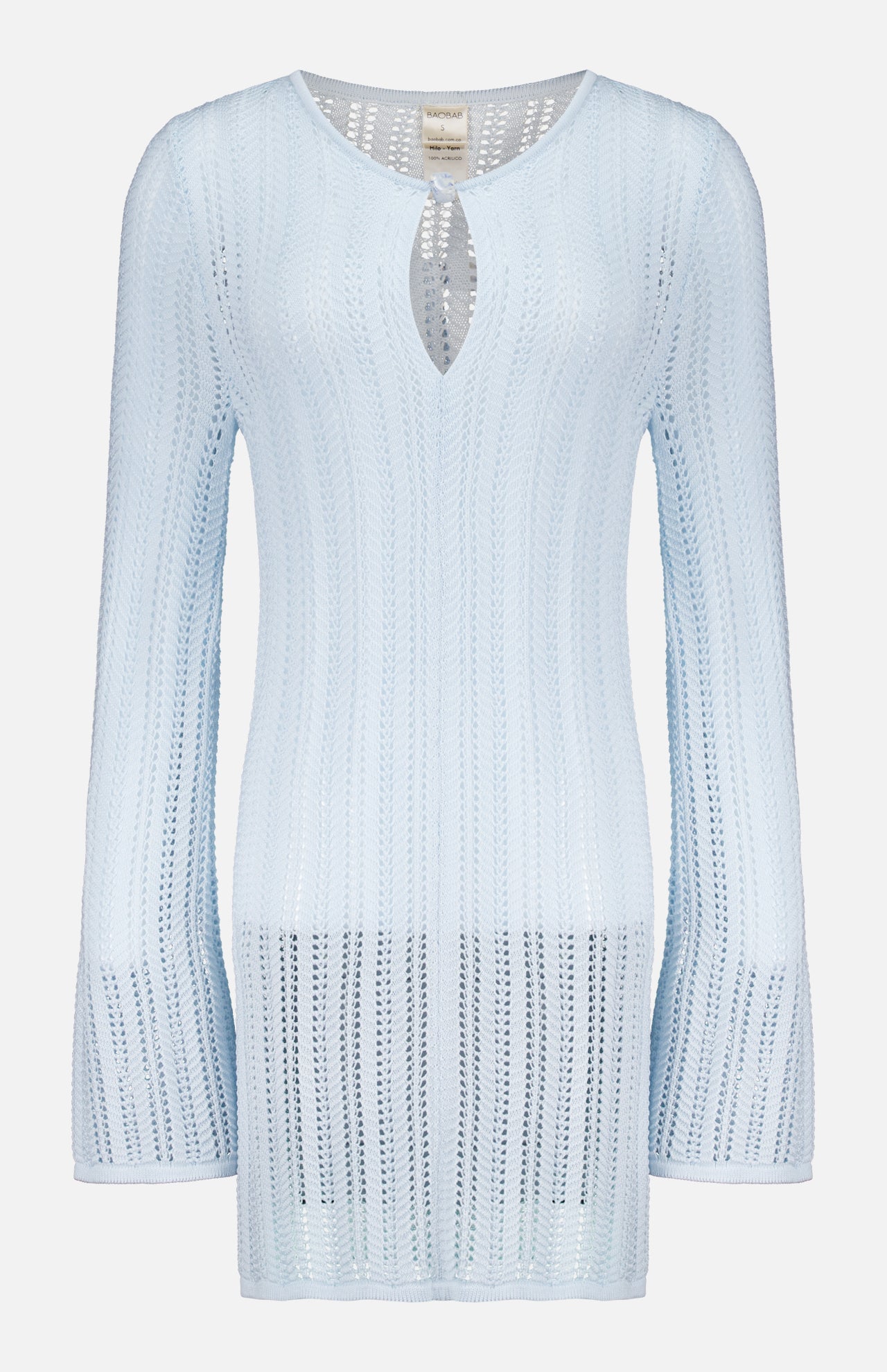 The Lion Sheer Stone Mini Dress by BAOBAB features a light blue, semi-sheer knit with a keyhole neckline, vertical openwork pattern, long sleeves, and relaxed fit—ideal for effortless beachside occasions.
