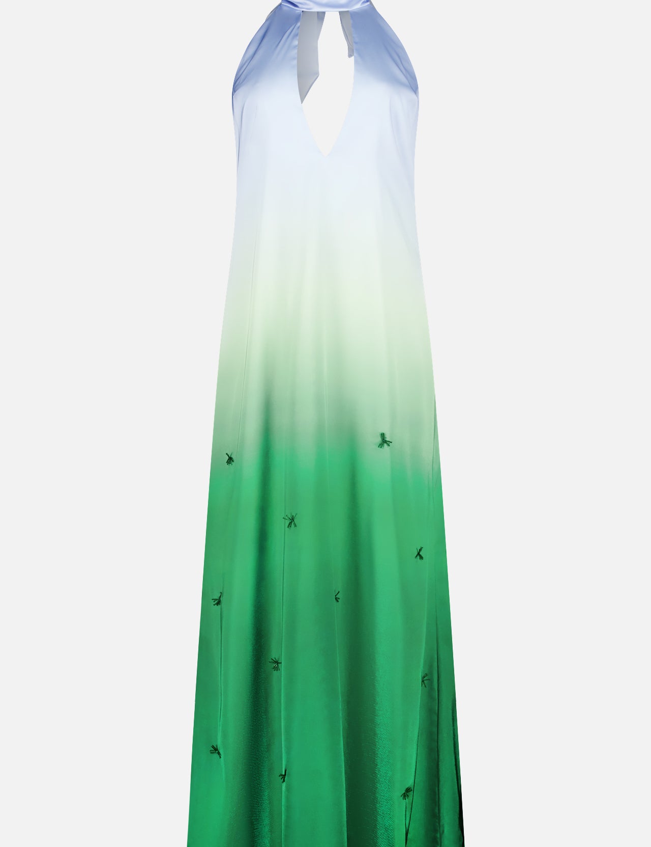 The Magia Salvaje Halter Dress by BAOBAB is a sleeveless maxi with a light blue-to-white-to-green gradient, a keyhole neckline, and subtle small designs near the hem.