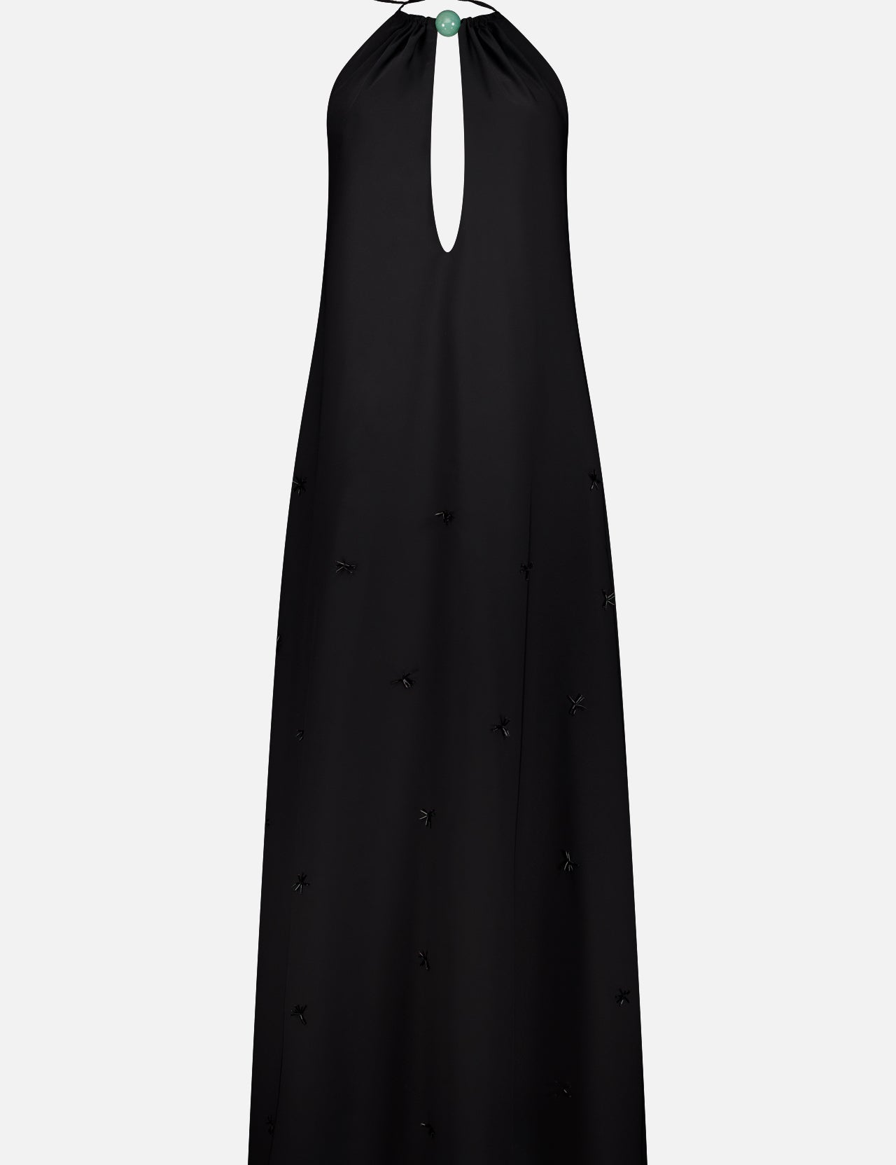 The BAOBAB Rondine Cut Out Stone Maxi Dress is a sleeveless black halter with a keyhole neckline, tie neck closure, open back, and subtle decorative accents, shown against a plain white background.