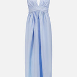 The BAOBAB Agustina Open Back Maxi Dress is a sleeveless, light blue halter-neck dress with a deep V-neckline, gathered waist, and flowing floor-length skirt, perfect for summer and shown on a white background.
