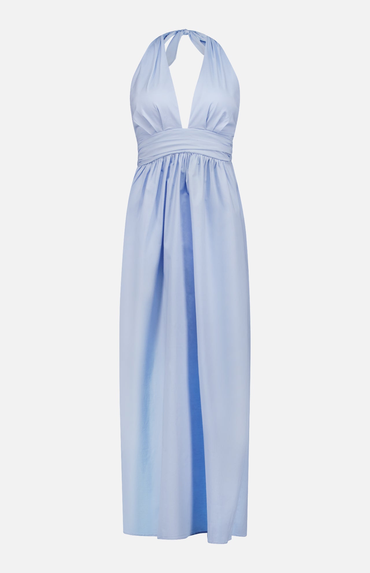 The BAOBAB Agustina Open Back Maxi Dress is a sleeveless, light blue halter-neck dress with a deep V-neckline, gathered waist, and flowing floor-length skirt, perfect for summer and shown on a white background.