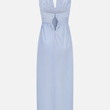 The Agustina Open Back Maxi Dress by BAOBAB is a light blue halter-neck dress with a fitted bodice, front keyhole cutout, gathered bust, and long straight skirt. A minimalist tie closure at the neck completes its elegant summer look.