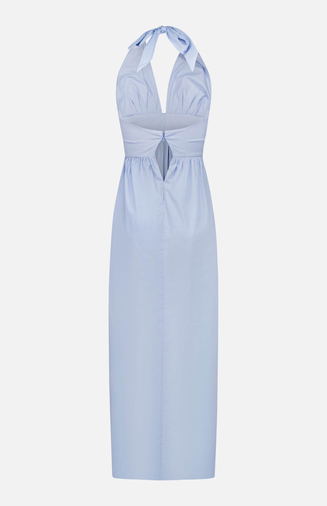 The Agustina Open Back Maxi Dress by BAOBAB is a light blue halter-neck dress with a fitted bodice, front keyhole cutout, gathered bust, and long straight skirt. A minimalist tie closure at the neck completes its elegant summer look.