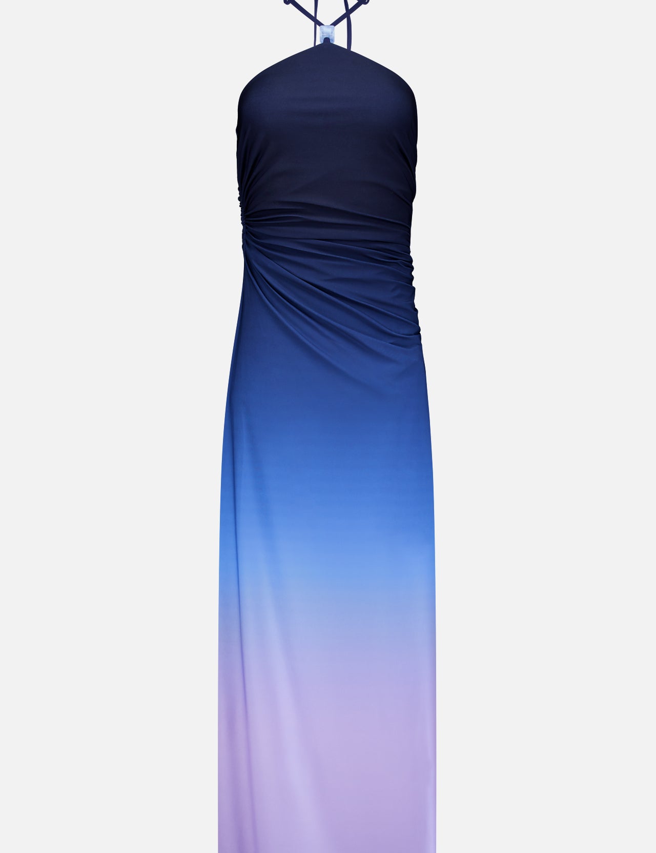 Blake Gradient Maxi Dress by BAOBAB, a halter-neck style with side ruching, showcases a striking gradient design that transitions from dark navy at the top to light lavender at the bottom, set against a plain white background.