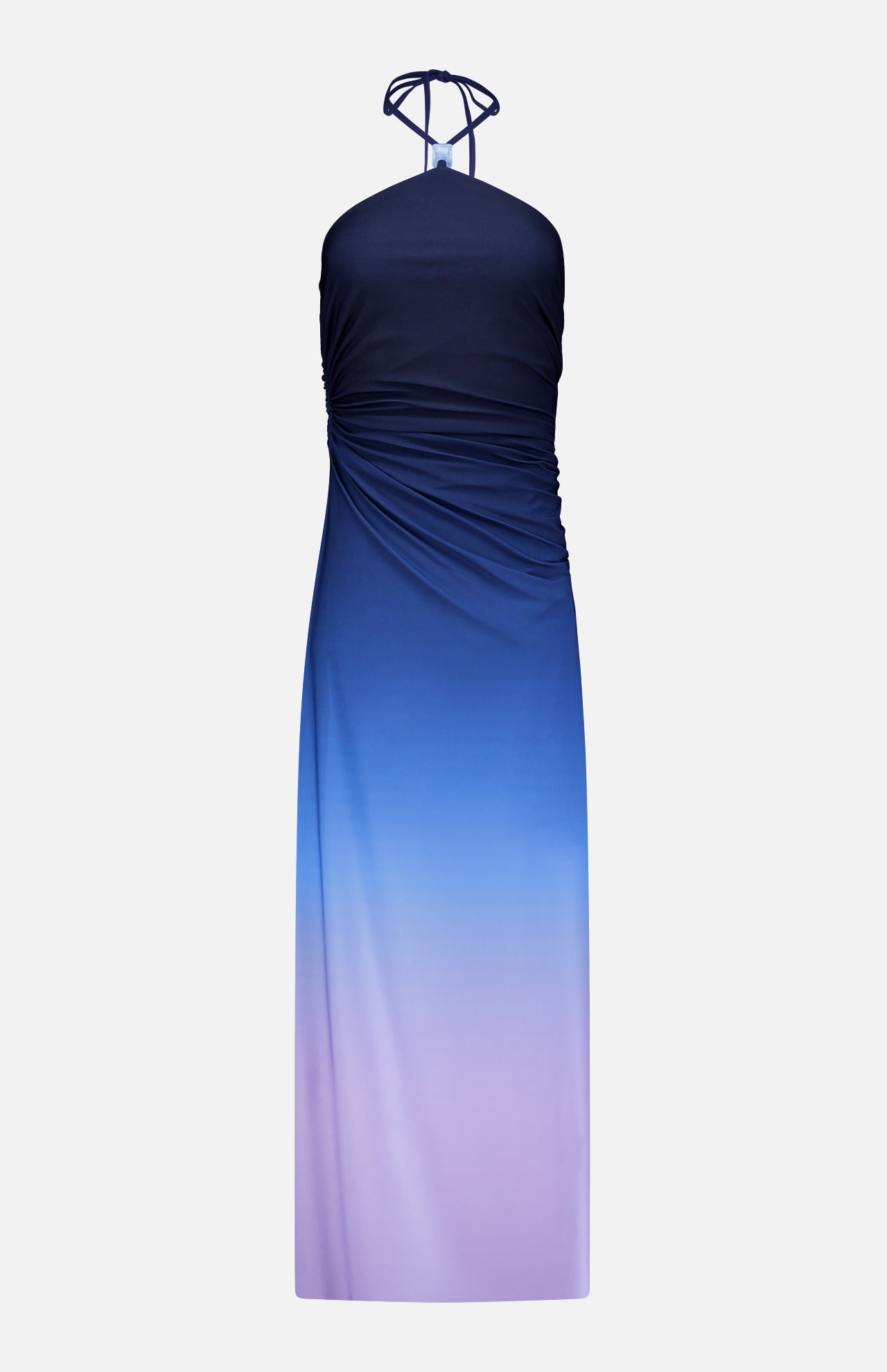 Blake Gradient Maxi Dress by BAOBAB, a halter-neck style with side ruching, showcases a striking gradient design that transitions from dark navy at the top to light lavender at the bottom, set against a plain white background.