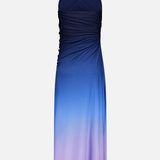 The Blake Gradient Maxi Dress by BAOBAB features a blue-to-purple gradient design, a halter neckline, ruched sides, and a fitted silhouette, shown against a white background.