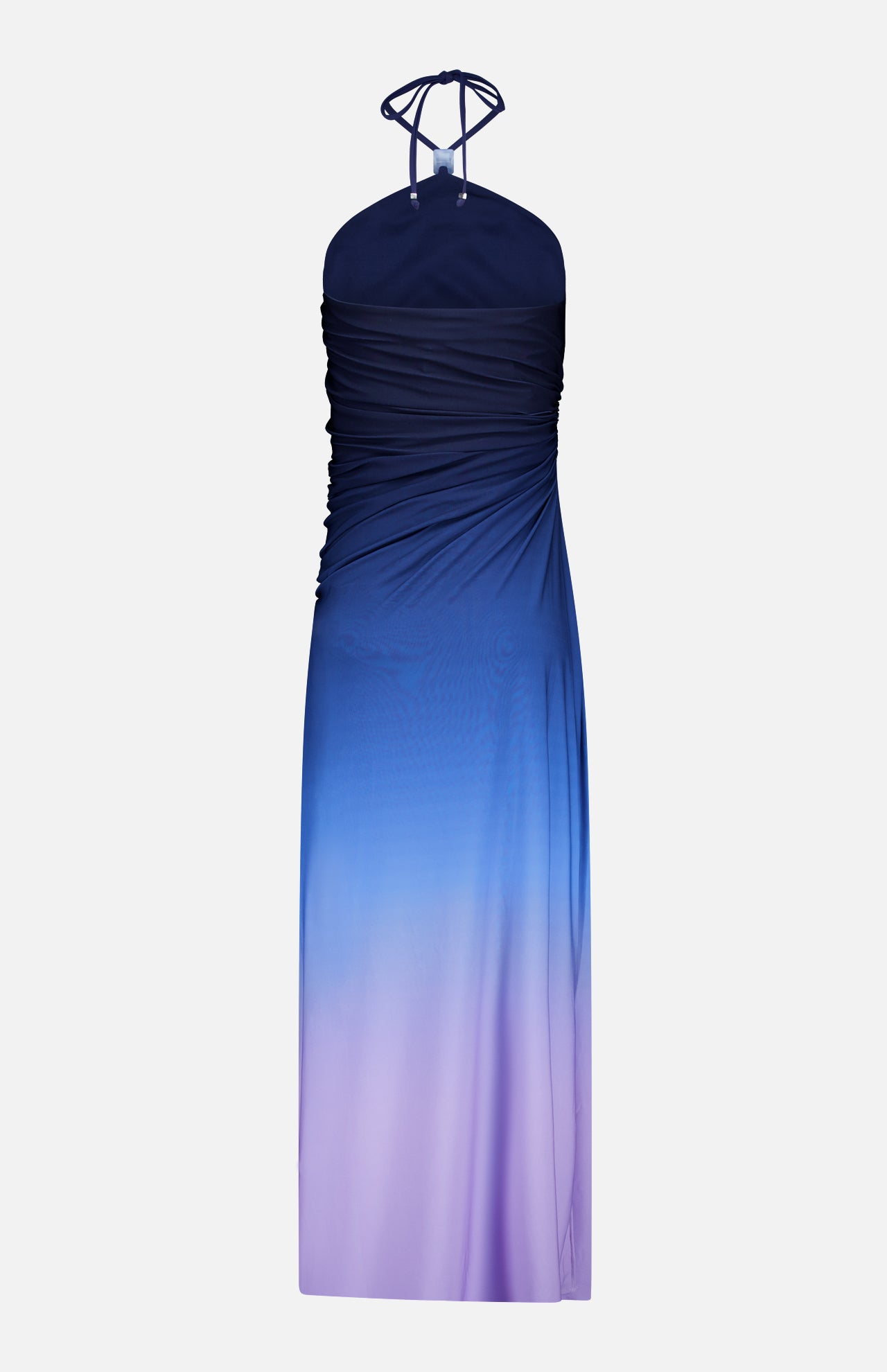The Blake Gradient Maxi Dress by BAOBAB features a blue-to-purple gradient design, a halter neckline, ruched sides, and a fitted silhouette, shown against a white background.