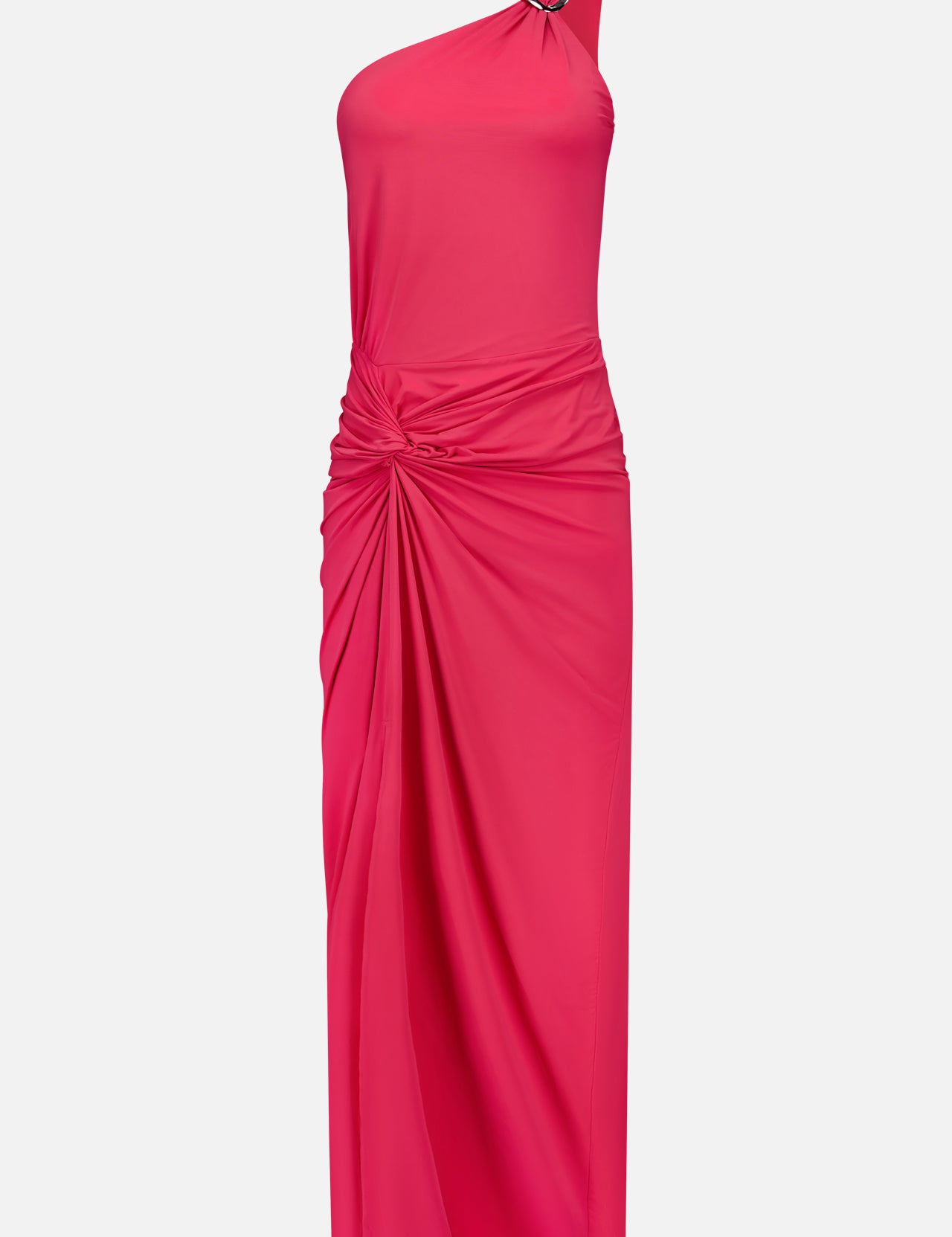 The BAOBAB Canoa Knot Detail Maxi Dress is a vibrant dark pink one-shoulder gown featuring a decorative shoulder pin and a ruched knot at the waist, with draped folds cascading down its long, fitted skirt.