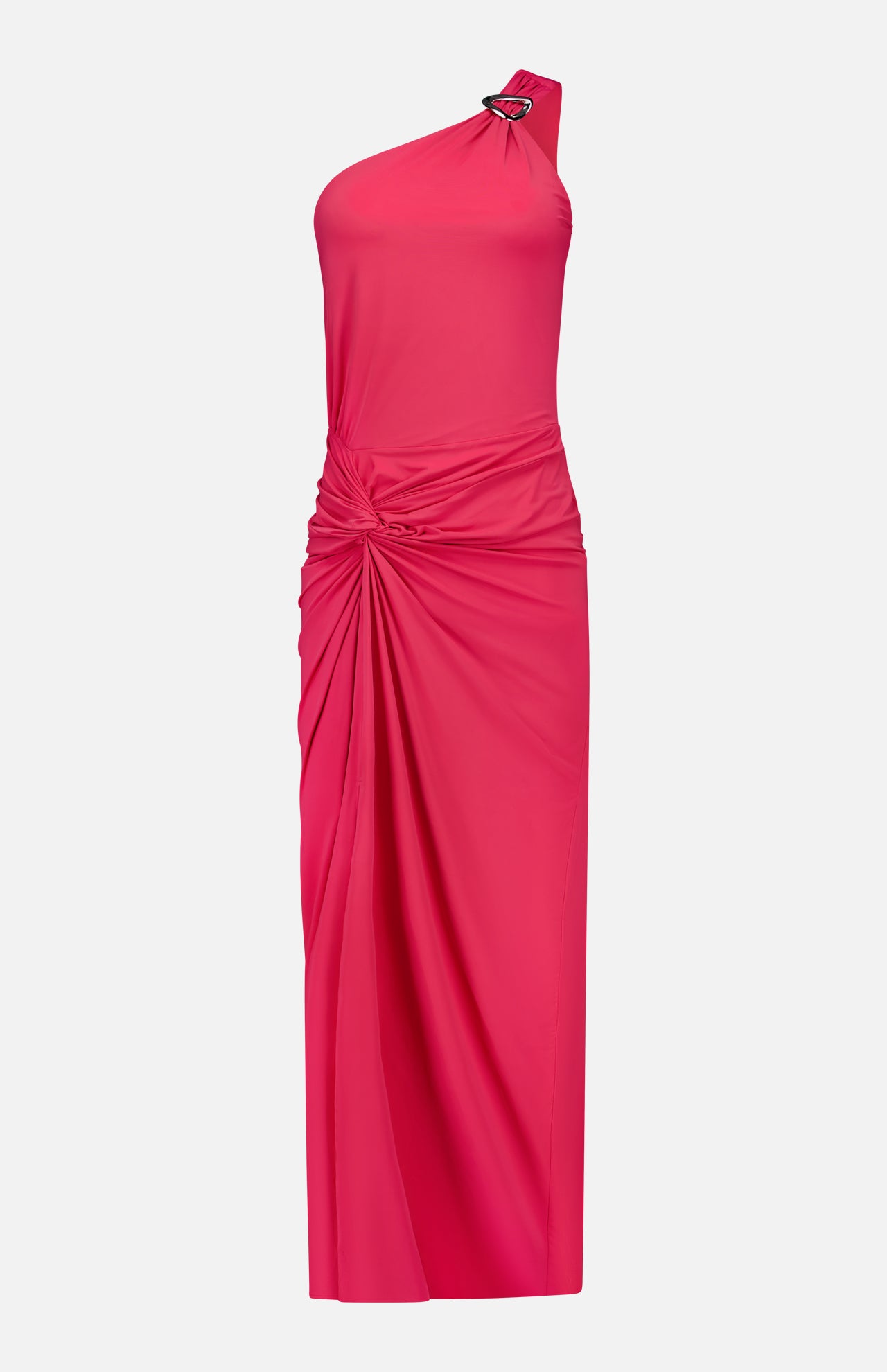 The BAOBAB Canoa Knot Detail Maxi Dress is a vibrant dark pink one-shoulder gown featuring a decorative shoulder pin and a ruched knot at the waist, with draped folds cascading down its long, fitted skirt.