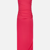 The Canoa Knot Detail Maxi Dress by BAOBAB is a sleeveless, bright pink one-shoulder dress with an asymmetrical neckline and ruched knot detail on the sides, shown against a plain white background.