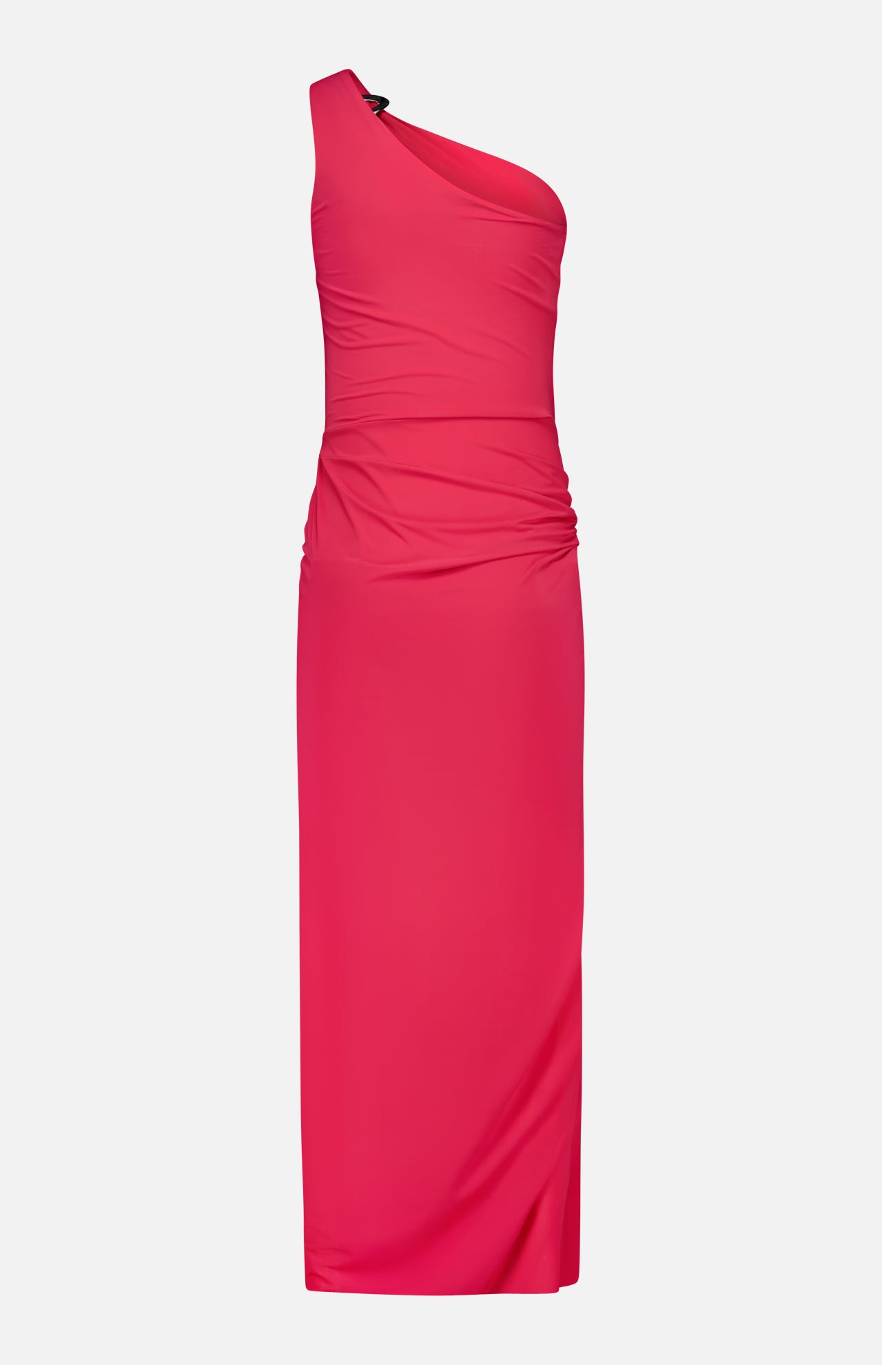 The Canoa Knot Detail Maxi Dress by BAOBAB is a sleeveless, bright pink one-shoulder dress with an asymmetrical neckline and ruched knot detail on the sides, shown against a plain white background.