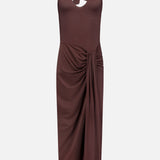 The Donatella Cascading Detail Maxi Dress by BAOBAB features a sleeveless chocolate brown halter-neck, keyhole neckline, ruched waist, and a draped skirt that falls to mid-calf.