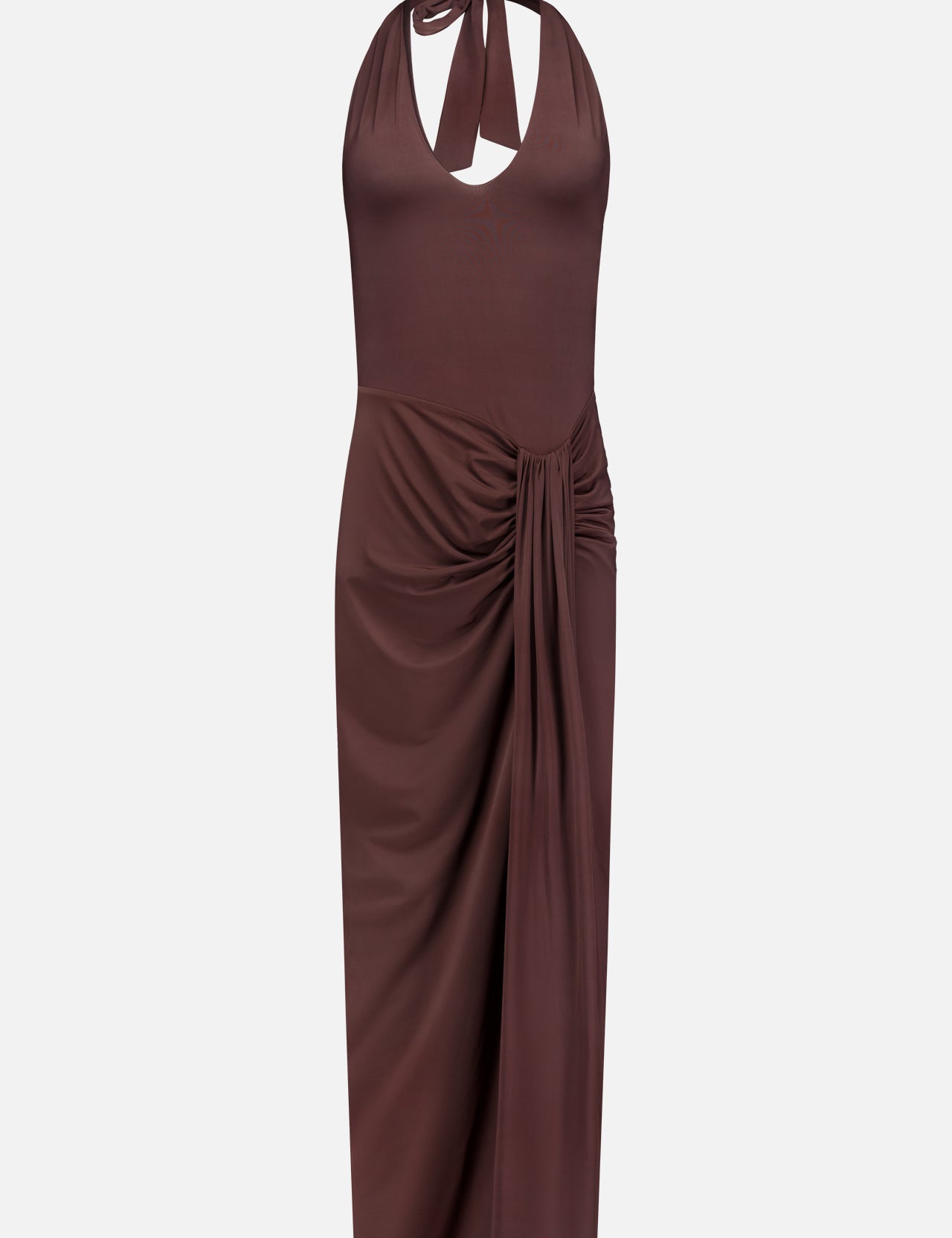 The Donatella Cascading Detail Maxi Dress by BAOBAB features a sleeveless chocolate brown halter-neck, keyhole neckline, ruched waist, and a draped skirt that falls to mid-calf.