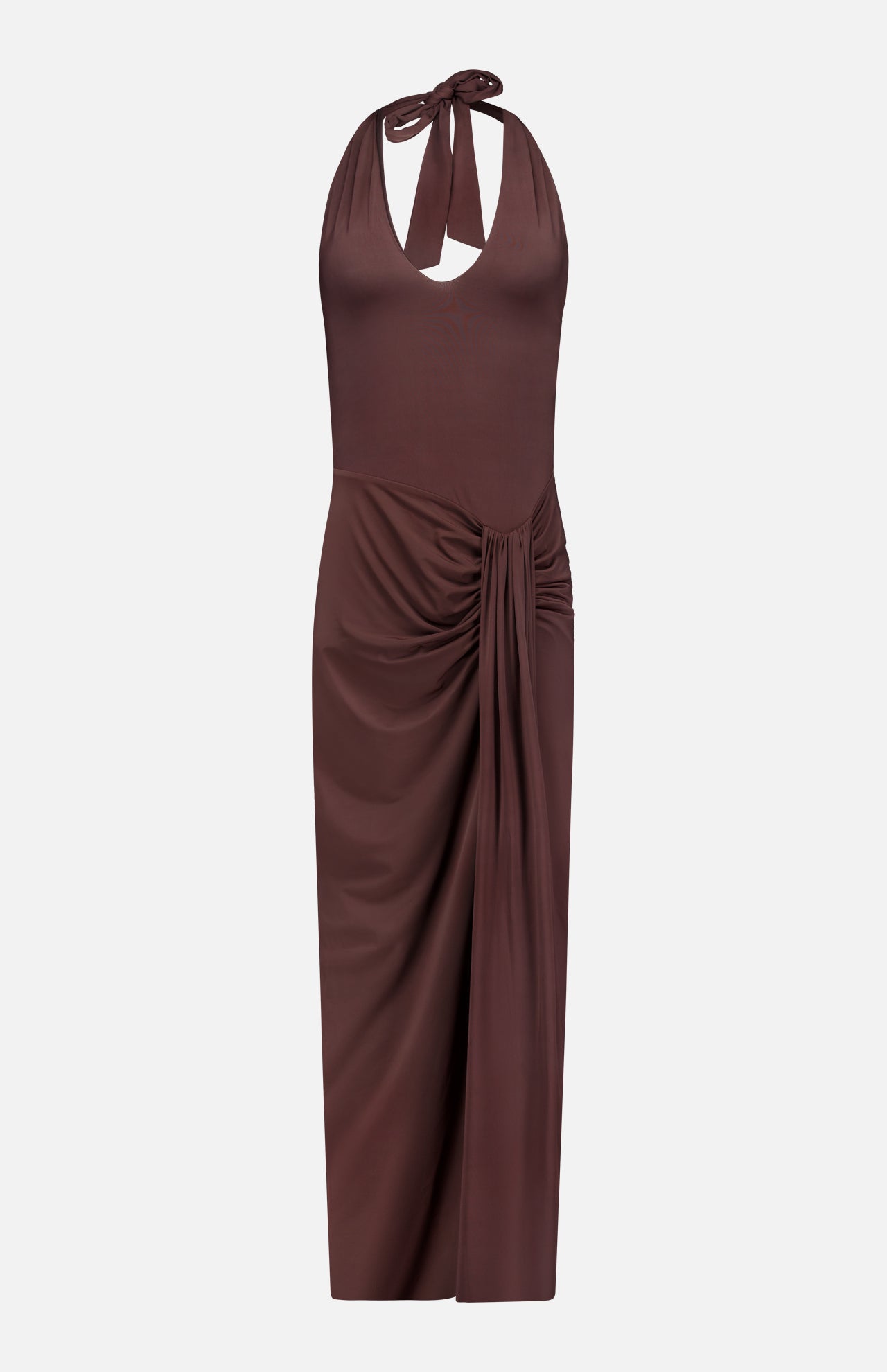 The Donatella Cascading Detail Maxi Dress by BAOBAB features a sleeveless chocolate brown halter-neck, keyhole neckline, ruched waist, and a draped skirt that falls to mid-calf.