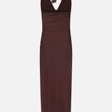The Donatella Cascading Detail Maxi Dress by BAOBAB is a chocolate brown maxi with a sleeveless halter, v-neckline, neck tie, side ruching, and a fitted silhouette—an effortlessly chic look for any occasion.
