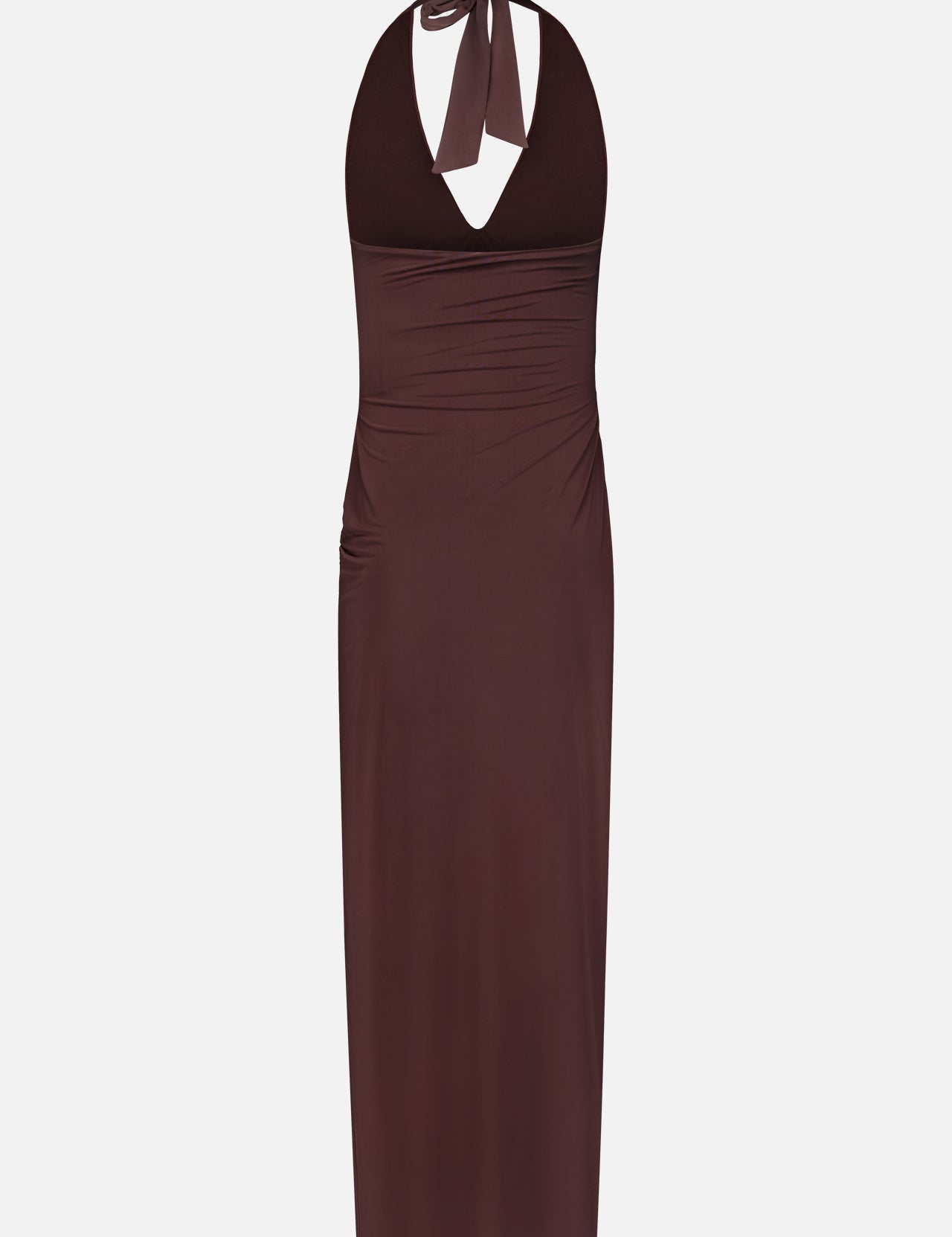 The Donatella Cascading Detail Maxi Dress by BAOBAB is a chocolate brown maxi with a sleeveless halter, v-neckline, neck tie, side ruching, and a fitted silhouette—an effortlessly chic look for any occasion.