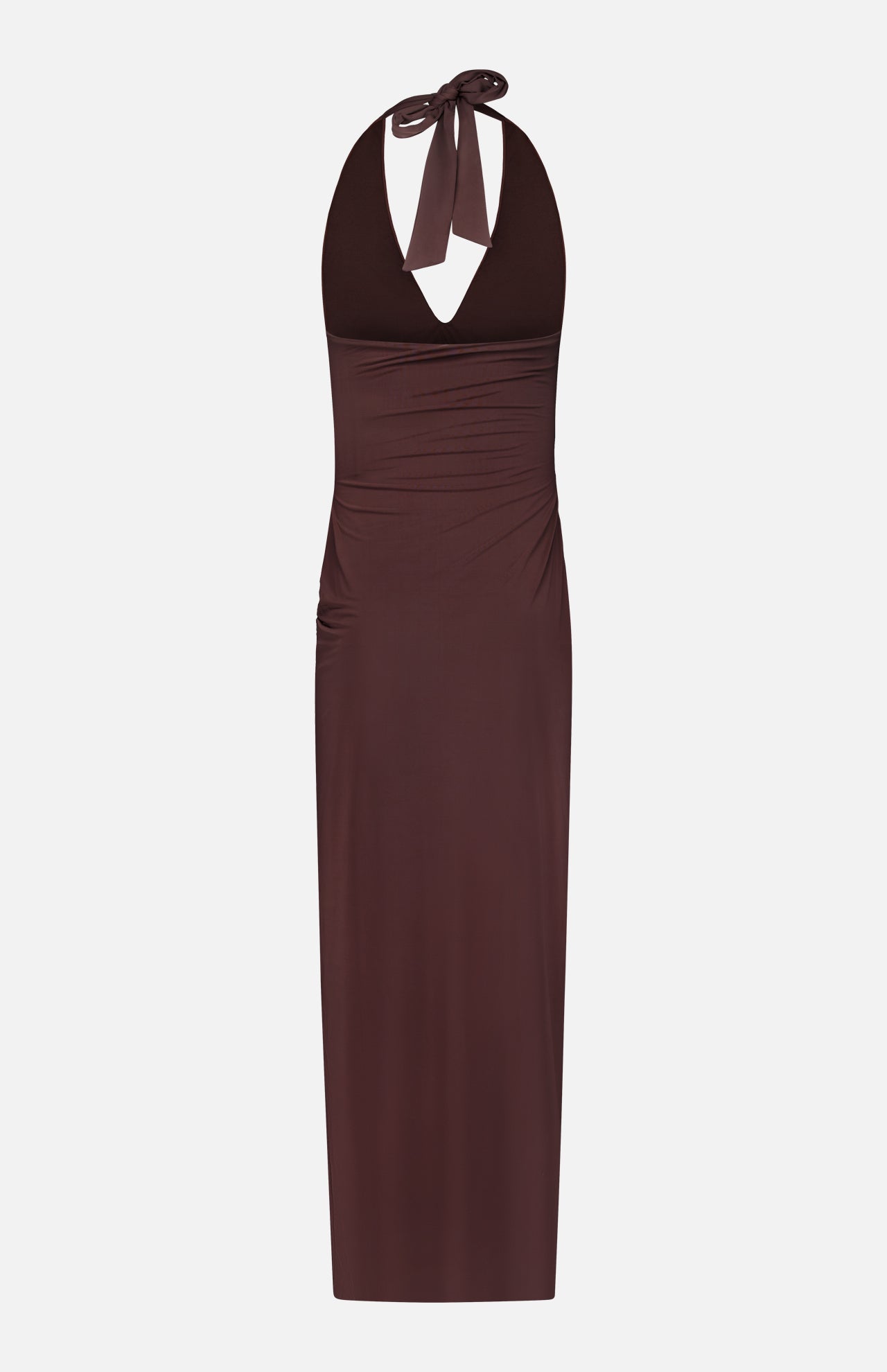 The Donatella Cascading Detail Maxi Dress by BAOBAB is a chocolate brown maxi with a sleeveless halter, v-neckline, neck tie, side ruching, and a fitted silhouette—an effortlessly chic look for any occasion.