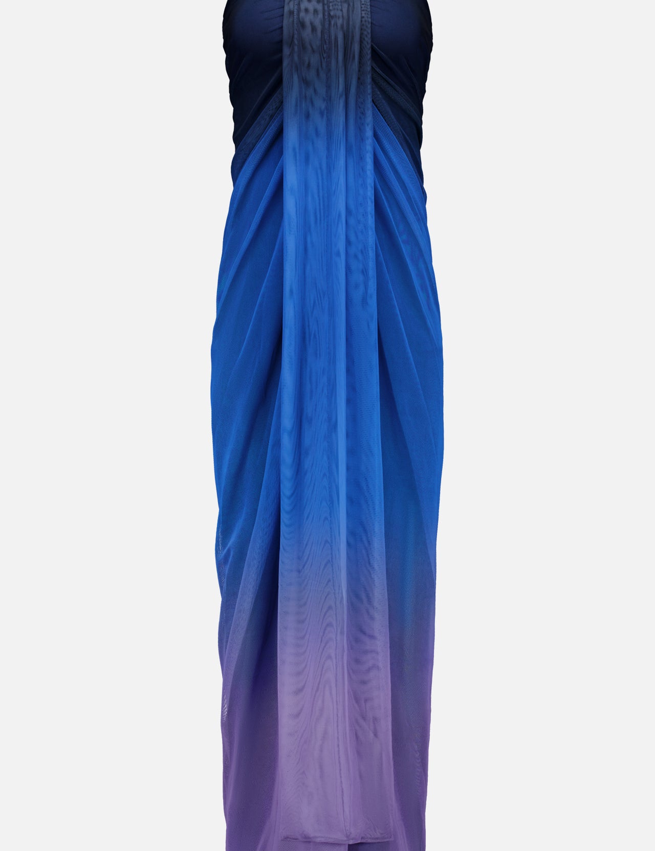 The Lena Strapless Maxi Dress by BAOBAB features a gradient design that shifts from dark navy to light purple, made from flowing fabric with cascading draped details at the front.