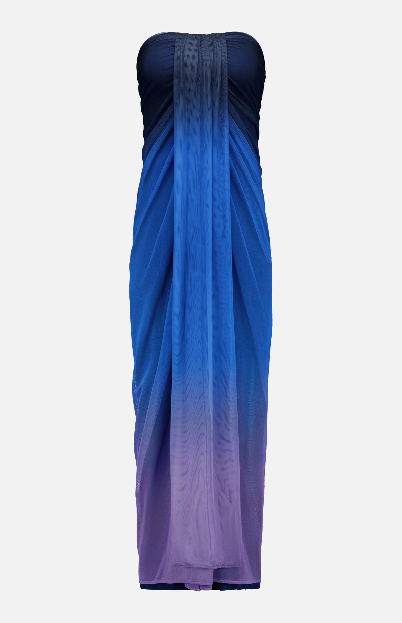 The Lena Strapless Maxi Dress by BAOBAB features a gradient design that shifts from dark navy to light purple, made from flowing fabric with cascading draped details at the front.