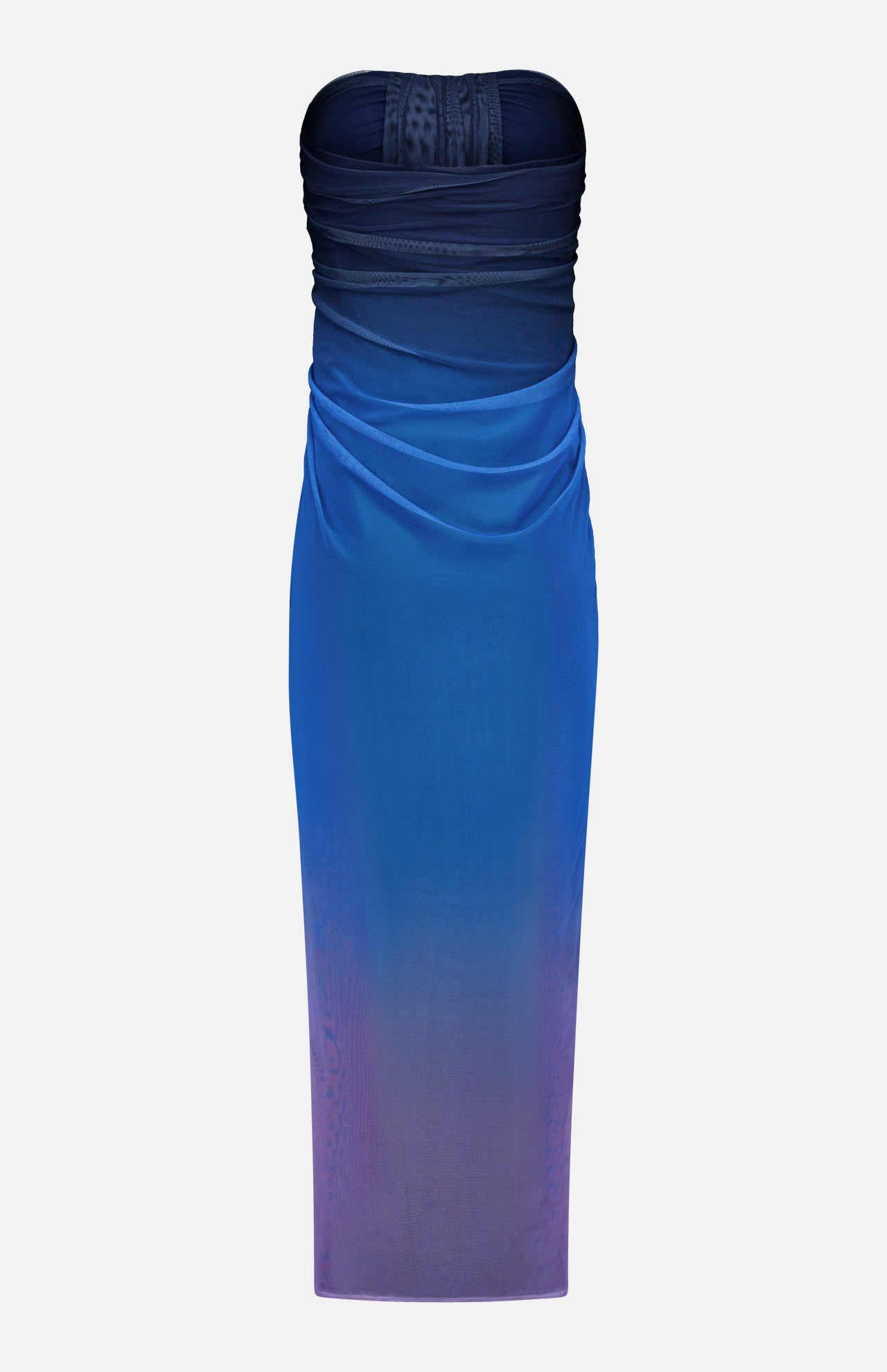 The BAOBAB Lena Strapless Maxi Dress features a ruched, gradient design blending dark navy, vibrant blue, and light purple with cascading detail and subtle draping at the waist and hips.