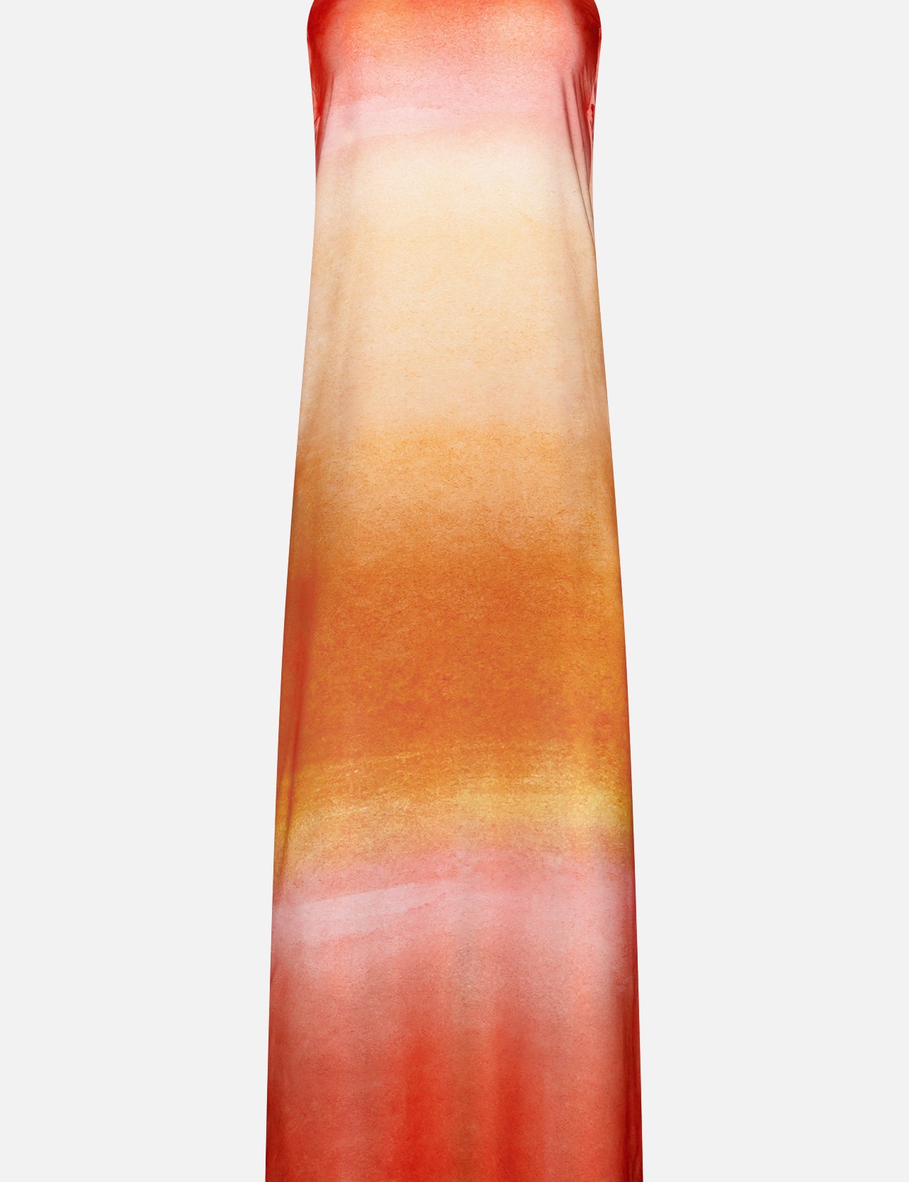 The Lola Open Back Maxi Dress by BAOBAB features a strapless, floor-length silhouette in a tangerine gradient of warm orange, yellow, and pink hues, shown against a plain white background.