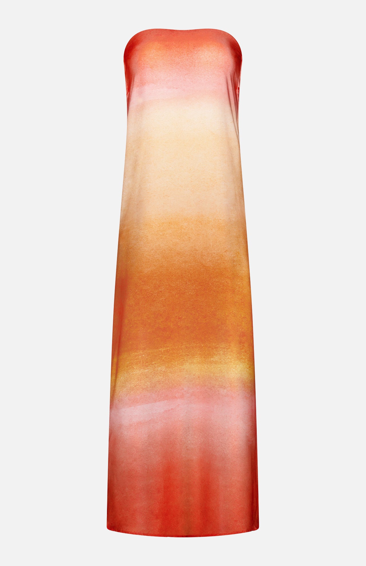 The Lola Open Back Maxi Dress by BAOBAB features a strapless, floor-length silhouette in a tangerine gradient of warm orange, yellow, and pink hues, shown against a plain white background.