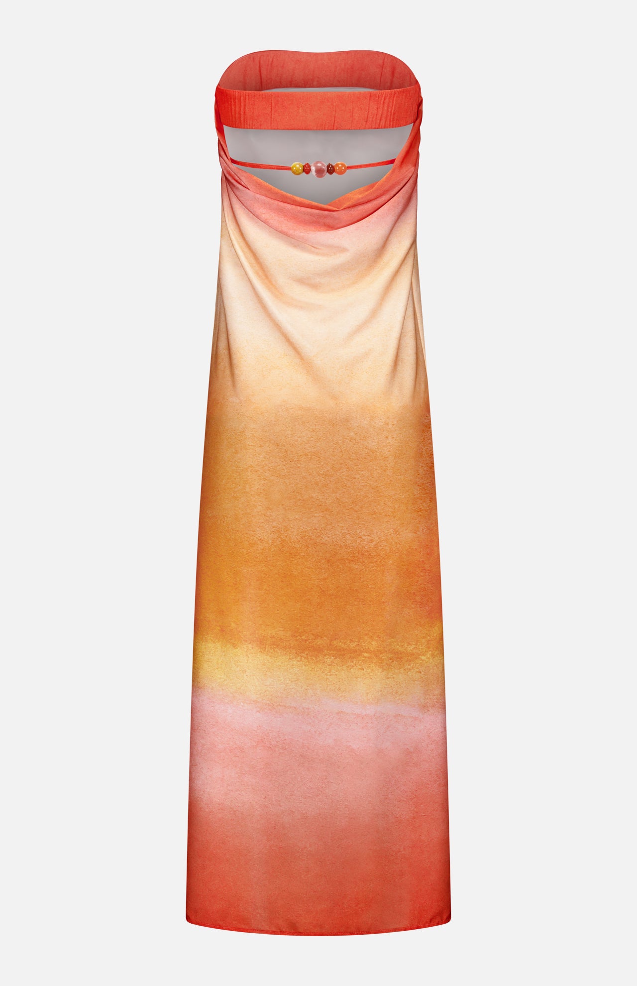 The Lola Open Back Maxi Dress by BAOBAB is a strapless tangerine maxi with an ombré gradient in orange, yellow, and pink. It features a draped neckline with a beaded string accent and an elegant open back for added allure.