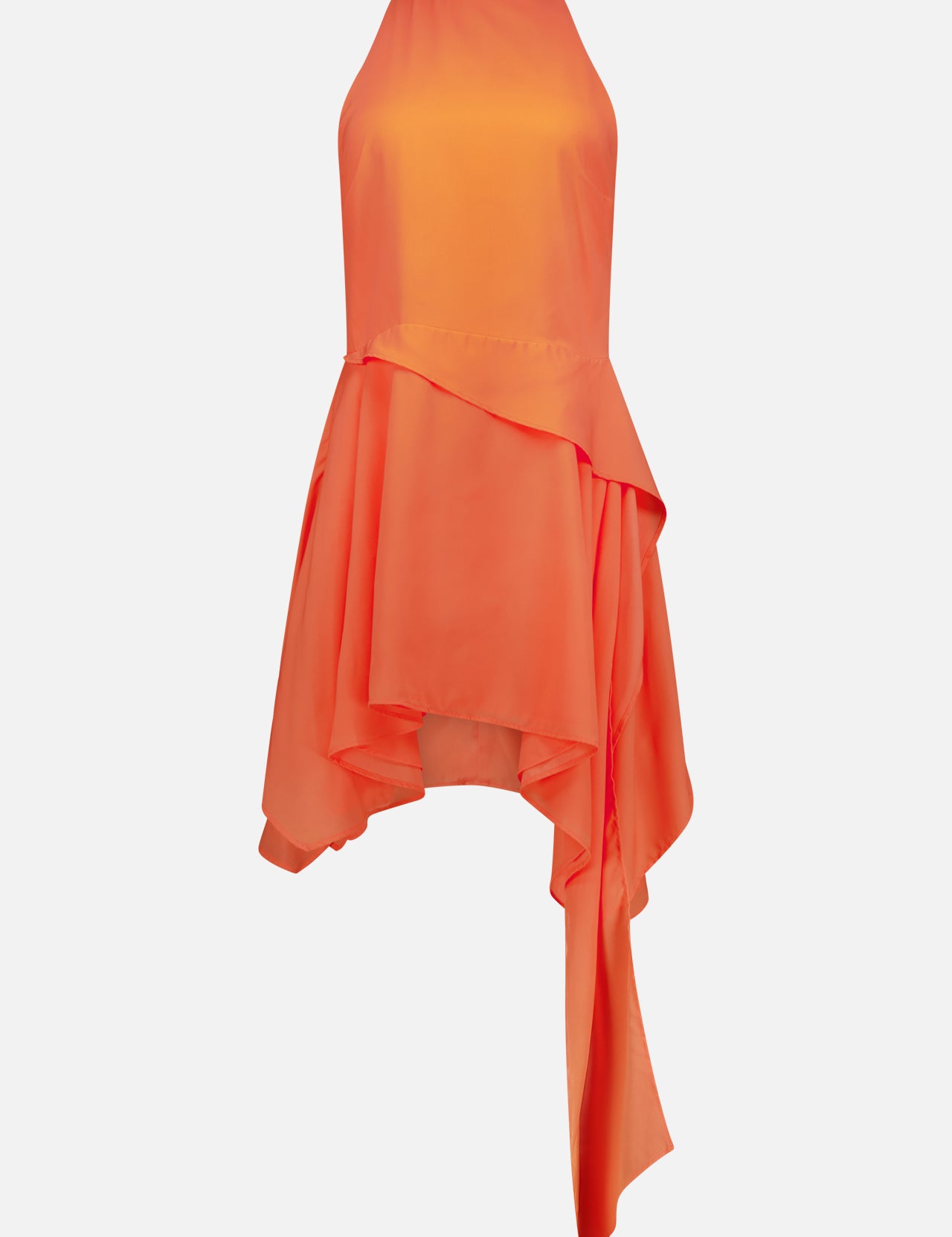 The Lorenza Asymmetrical Mini Dress by BAOBAB features a bright orange hue, halter neckline, layered asymmetrical hem, and back tie detail. Its lightweight fabric offers a flowy feel for a chic, modern cocktail look.