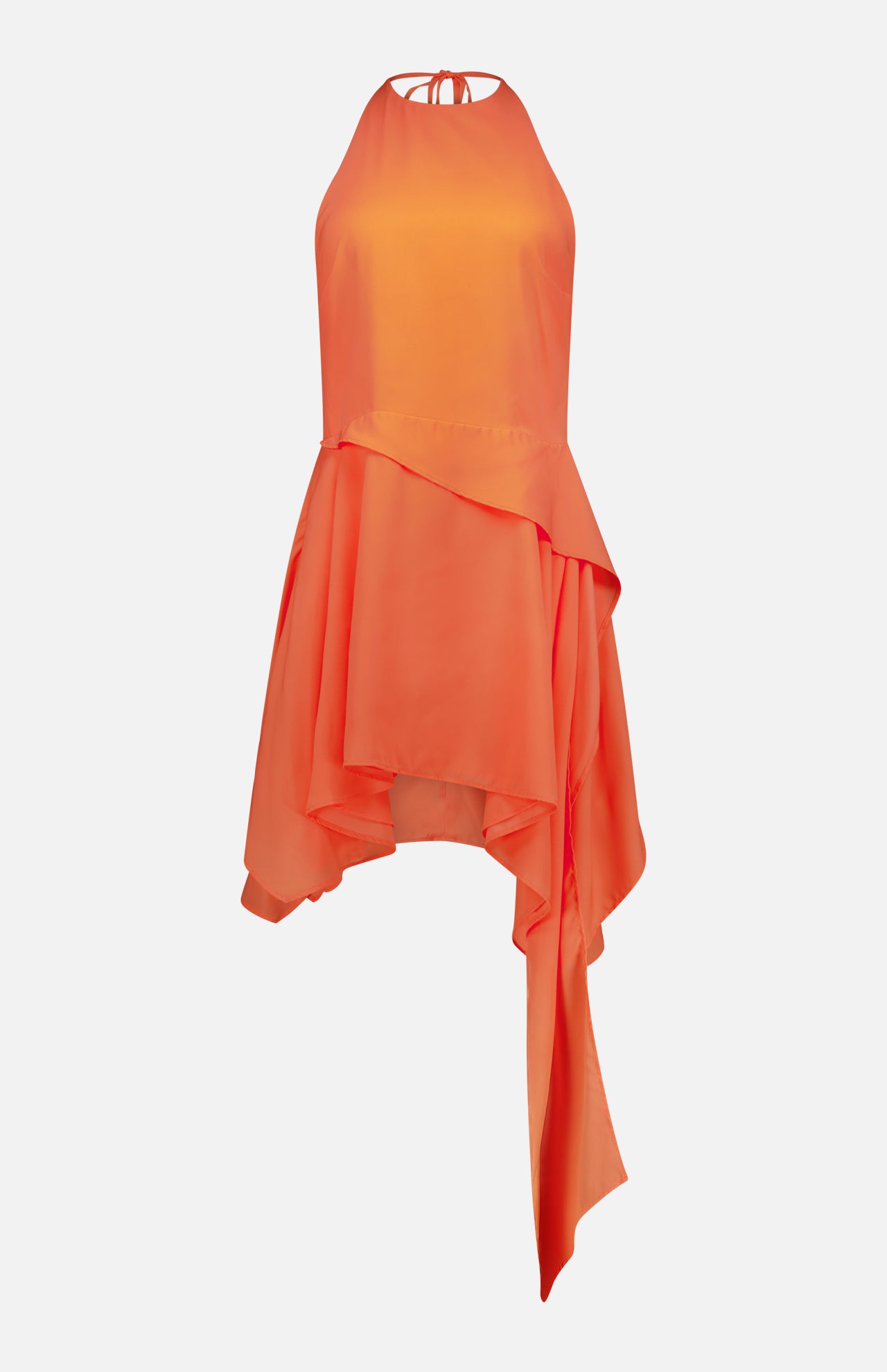 The Lorenza Asymmetrical Mini Dress by BAOBAB features a bright orange hue, halter neckline, layered asymmetrical hem, and back tie detail. Its lightweight fabric offers a flowy feel for a chic, modern cocktail look.