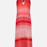 The Magia Salvaje Halter Maxi Dress by BAOBAB is a sleeveless, open-back maxi dress with a keyhole neckline and red, pink, and white gradient pattern, shown on a white background.