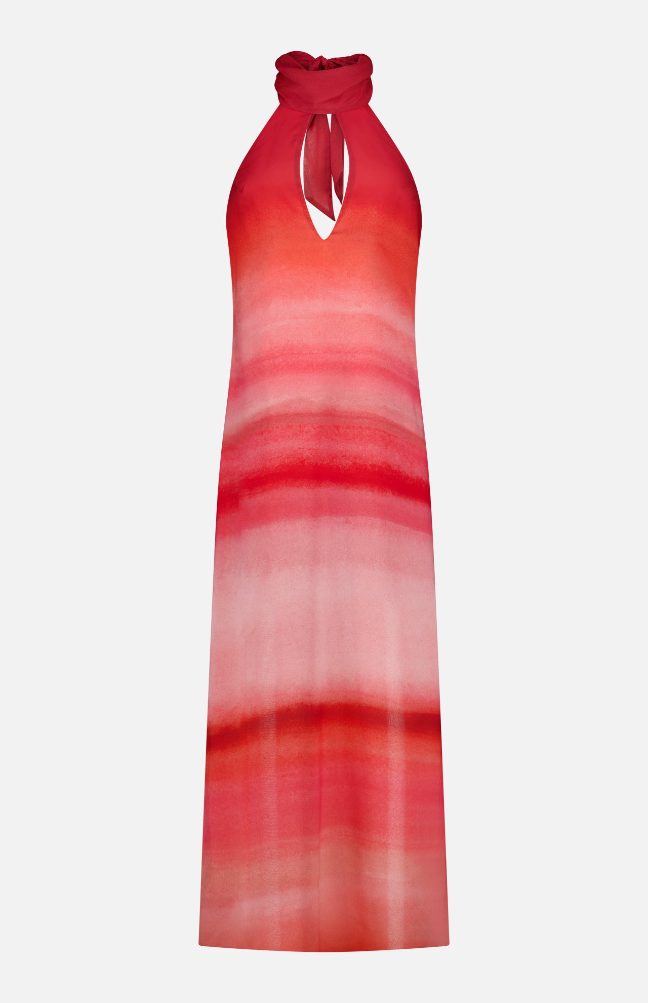 The Magia Salvaje Halter Maxi Dress by BAOBAB is a sleeveless, open-back maxi dress with a keyhole neckline and red, pink, and white gradient pattern, shown on a white background.