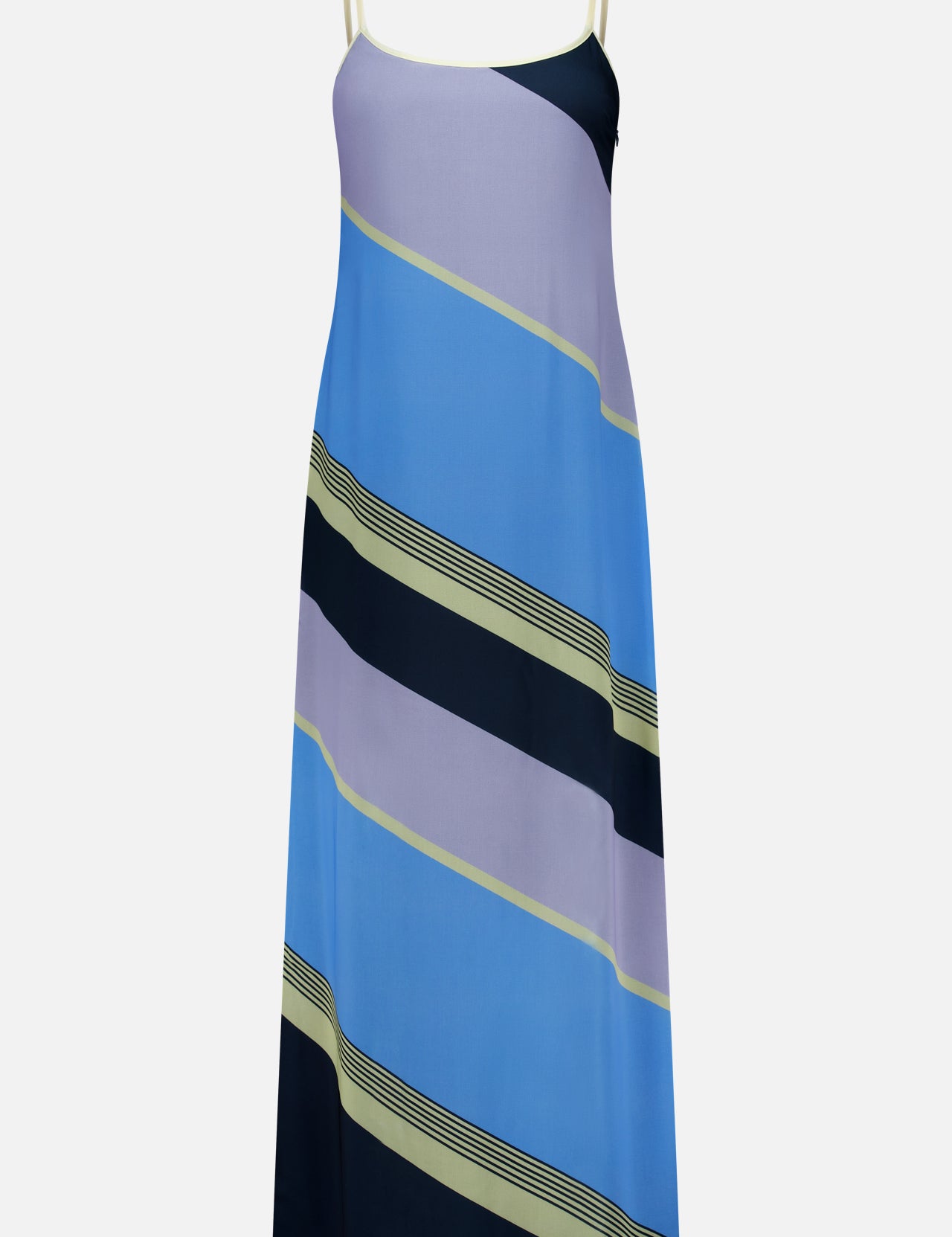 The Rita Striped Maxi Dress by BAOBAB is a sleeveless, ankle-length style featuring adjustable straps and diagonal stripes in shades of blue, lavender, black, and light yellow on a white background—perfect for summer parties.