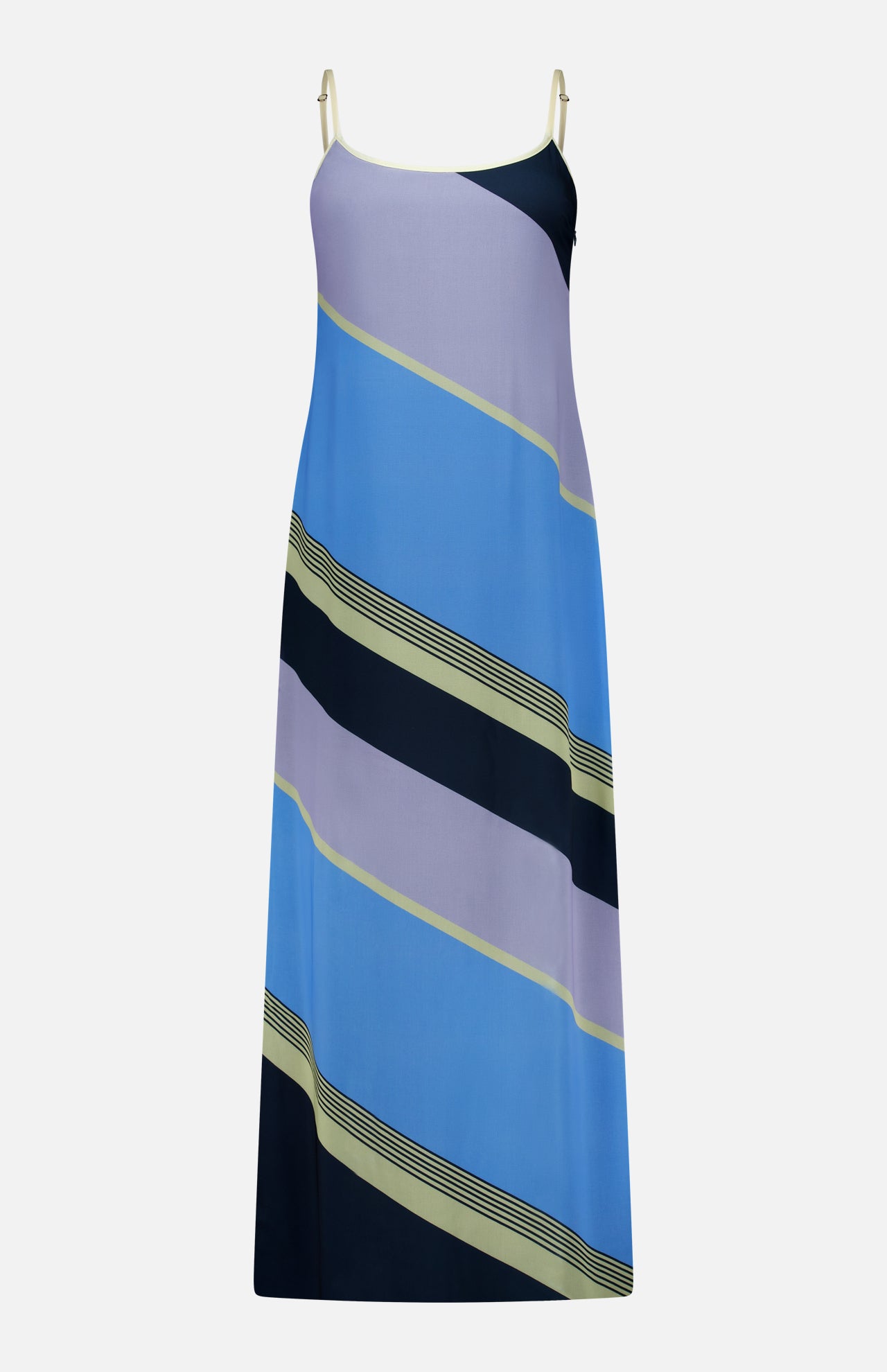 The Rita Striped Maxi Dress by BAOBAB is a sleeveless, ankle-length style featuring adjustable straps and diagonal stripes in shades of blue, lavender, black, and light yellow on a white background—perfect for summer parties.