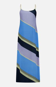 The Rita Striped Maxi Dress by BAOBAB is a sleeveless, ankle-length style featuring adjustable straps and diagonal stripes in shades of blue, lavender, black, and light yellow on a white background—perfect for summer parties.