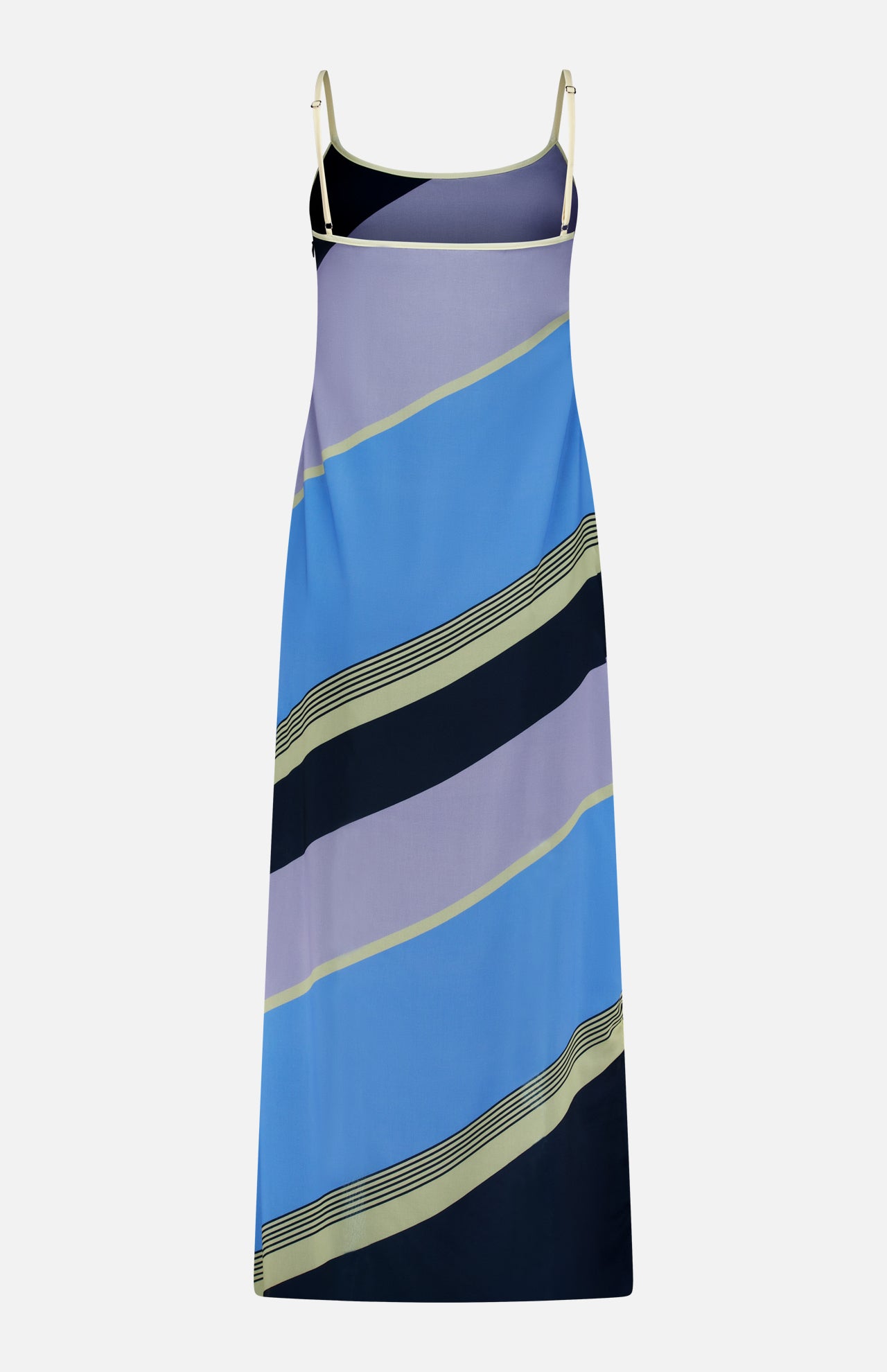 The Rita Striped Maxi Dress by BAOBAB is a sleeveless, ankle-length dress featuring thin adjustable straps and an abstract diagonal stripe pattern in blue, lavender, and black on smooth fabric—perfect for summer parties.