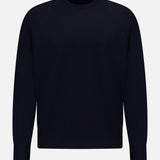 The Basilio Crewneck Sweater by BARENA is a plain black sweater, crafted in Italy from 100% wool, featuring long sleeves with ribbed cuffs and waistband, and is displayed against a white background.