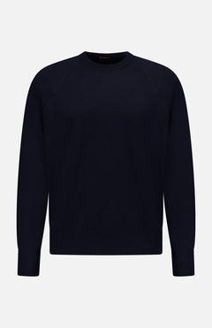The Basilio Crewneck Sweater by BARENA is a plain black sweater, crafted in Italy from 100% wool, featuring long sleeves with ribbed cuffs and waistband, and is displayed against a white background.