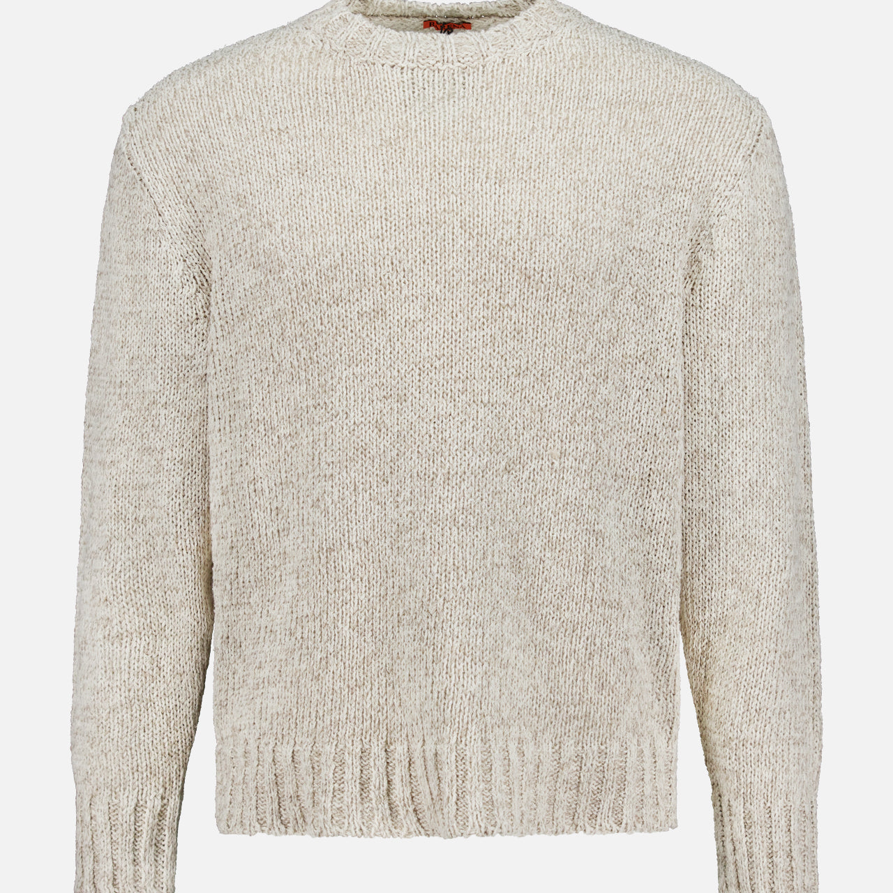 The Caloma Alba Sweater by BARENA is a beige, long-sleeved piece made from a linen-cotton blend with ribbed crew neck, cuffs, and hem, shown against a white background.