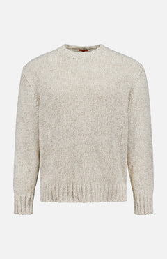 The Caloma Alba Sweater by BARENA is a beige, long-sleeved piece made from a linen-cotton blend with ribbed crew neck, cuffs, and hem, shown against a white background.