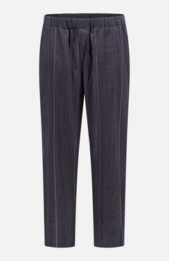 Cordier Cobian Stripe Pants by BARENA, crafted from a cotton-linen blend with a drawstring waist and thin vertical white stripes in dark gray, are displayed on a plain white background. Made in Italy.