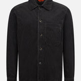 The BARENA Cortivo Corduroy Overshirt, crafted in Italy, features a button-up front, chest pocket, spread collar, and long sleeves. Shown here in black against a plain white background.