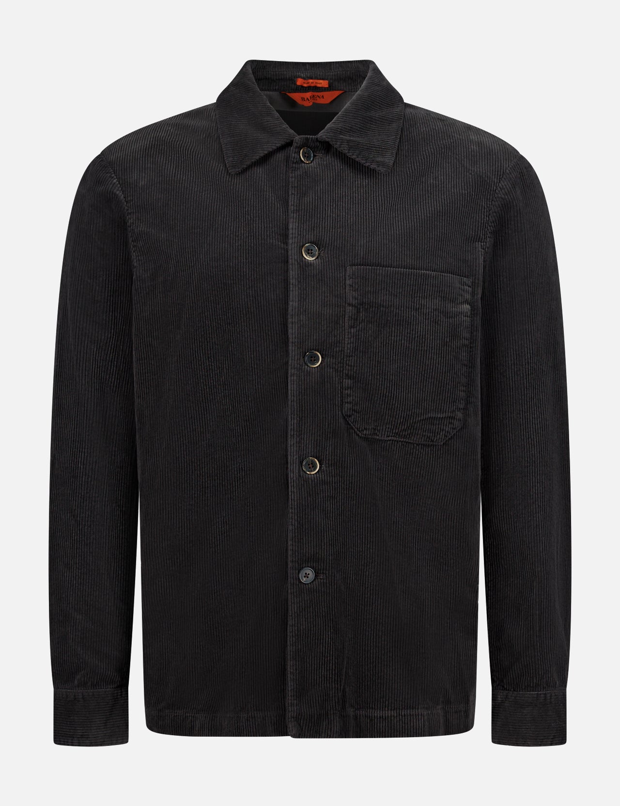 The BARENA Cortivo Corduroy Overshirt, crafted in Italy, features a button-up front, chest pocket, spread collar, and long sleeves. Shown here in black against a plain white background.