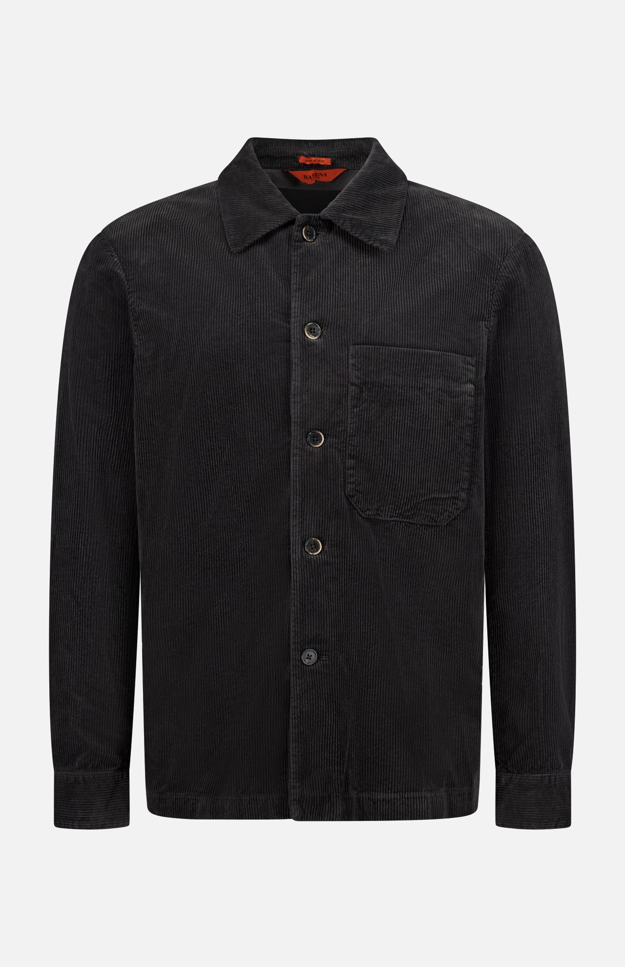 The BARENA Cortivo Corduroy Overshirt, crafted in Italy, features a button-up front, chest pocket, spread collar, and long sleeves. Shown here in black against a plain white background.