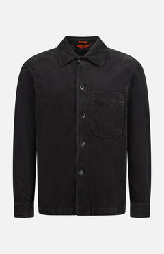 The BARENA Cortivo Corduroy Overshirt, crafted in Italy, features a button-up front, chest pocket, spread collar, and long sleeves. Shown here in black against a plain white background.