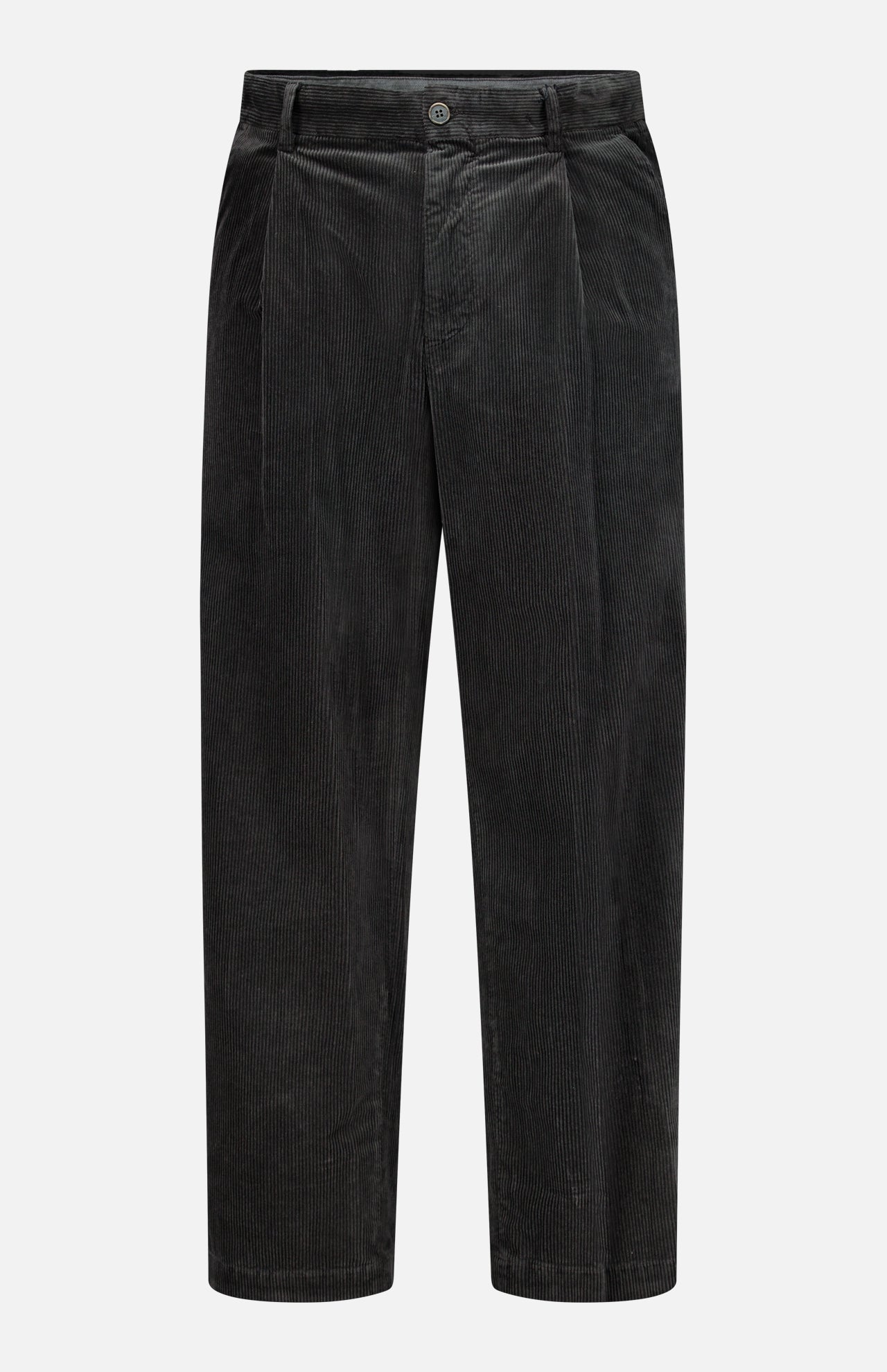 The Cortivo Corduroy Pants by BARENA, crafted in Italy, feature a button and zip front closure, subtle vertical ridges, side pockets, and a straight-leg fit. Shown here against a plain white background.