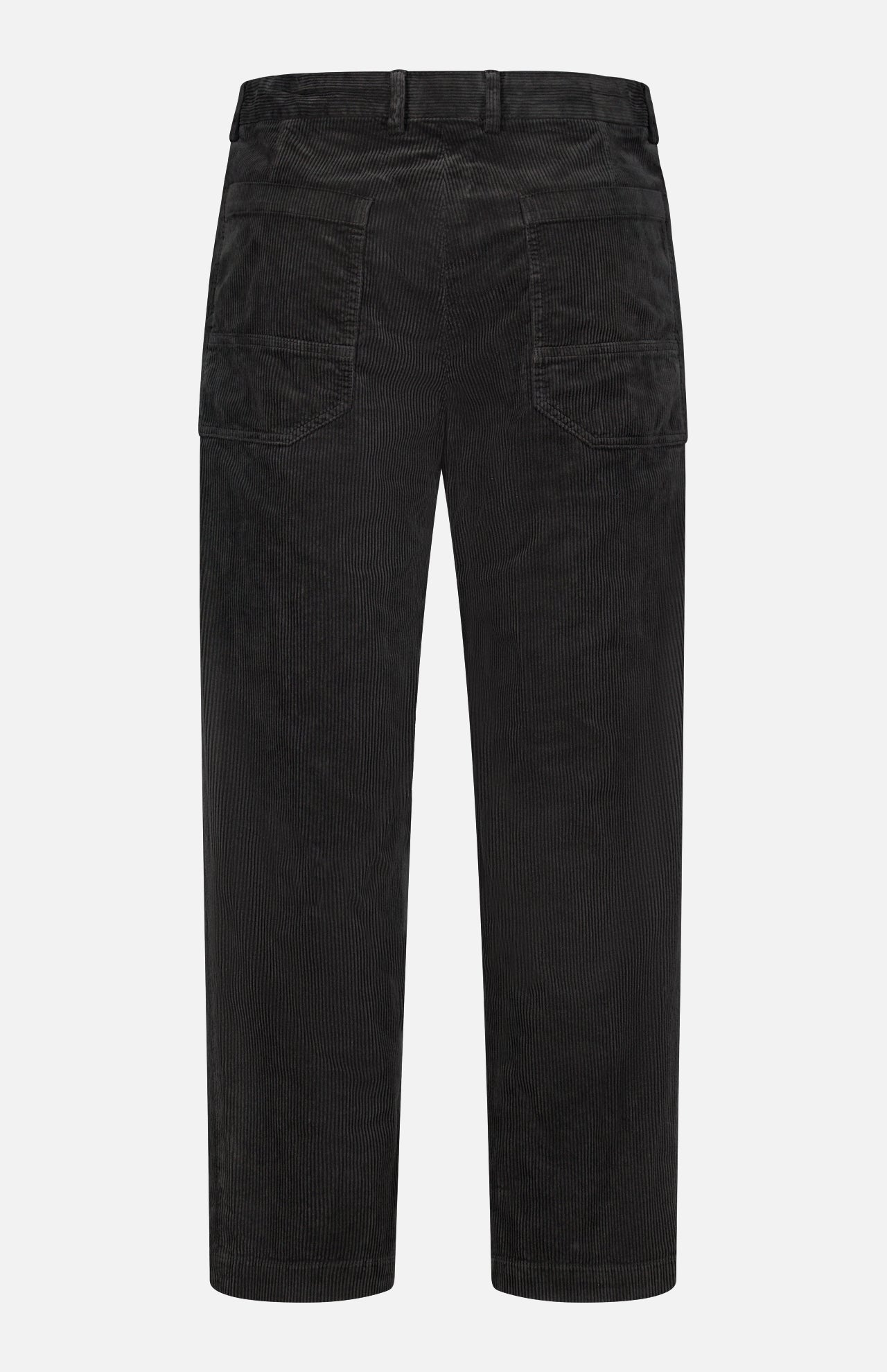 The Cortivo Corduroy Pants by BARENA are dark grey trouser pants made in Italy, featuring two front pockets, wide legs, and belt loops. Shown from the back against a white background.