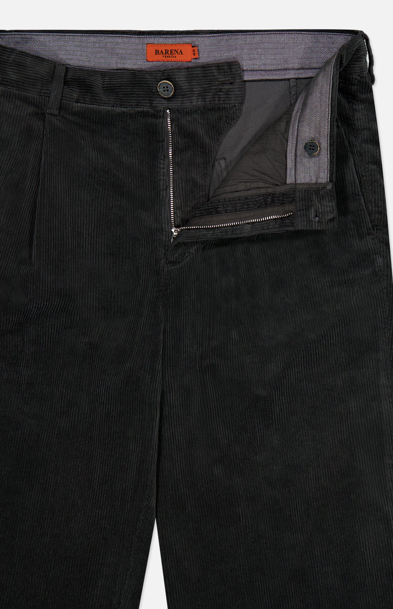 Close-up of BARENA Cortivo Corduroy Pants in dark grey, showcasing a partially open zipper and buttoned waistband, with visible interior details and brand label inside the waistband. Expertly crafted in Italy.
