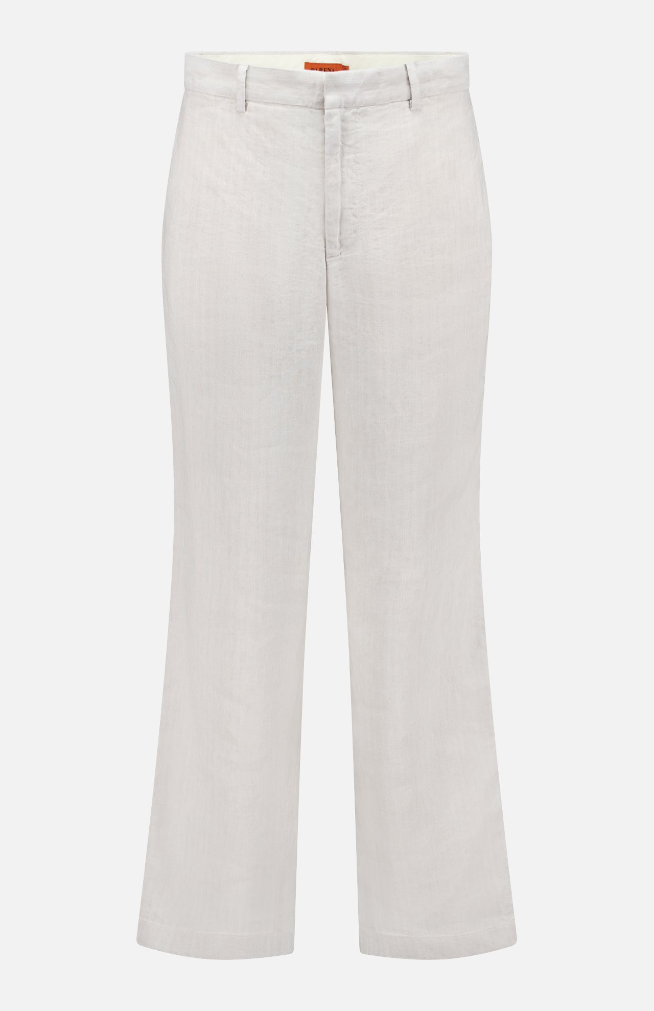 The Delfo Lisca Herringbone Pants by BARENA are light gray, straight-leg linen trousers with a tailored fit, belt loops, button and zip closure, crafted in Italy and shown against a white background.