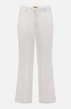 The Delfo Lisca Herringbone Pants by BARENA are light gray, straight-leg linen trousers with a tailored fit, belt loops, button and zip closure, crafted in Italy and shown against a white background.